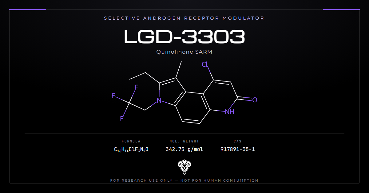LGD-3303 chemical structure with molecular formula C16H14ClF3N2O on a dark laboratory background