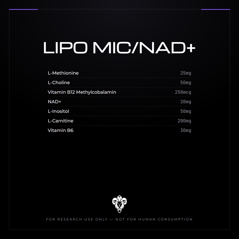 Kimera Chems research compound cover for LIPO MIC/NAD+, an amino formulation: methionine, inositol, choline with NAD+.