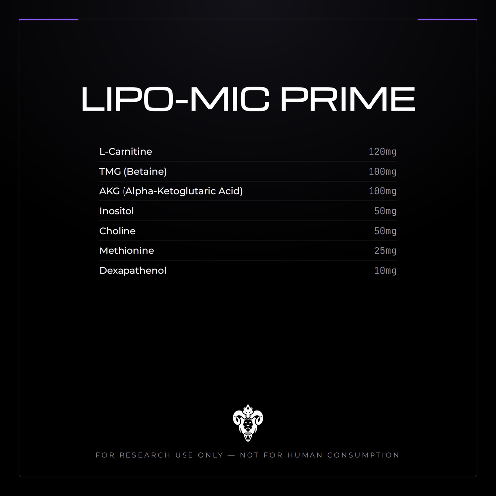 Kimera Chems research compound cover for LIPO-MIC PRIME, an amino formulation: methionine, inositol, choline.