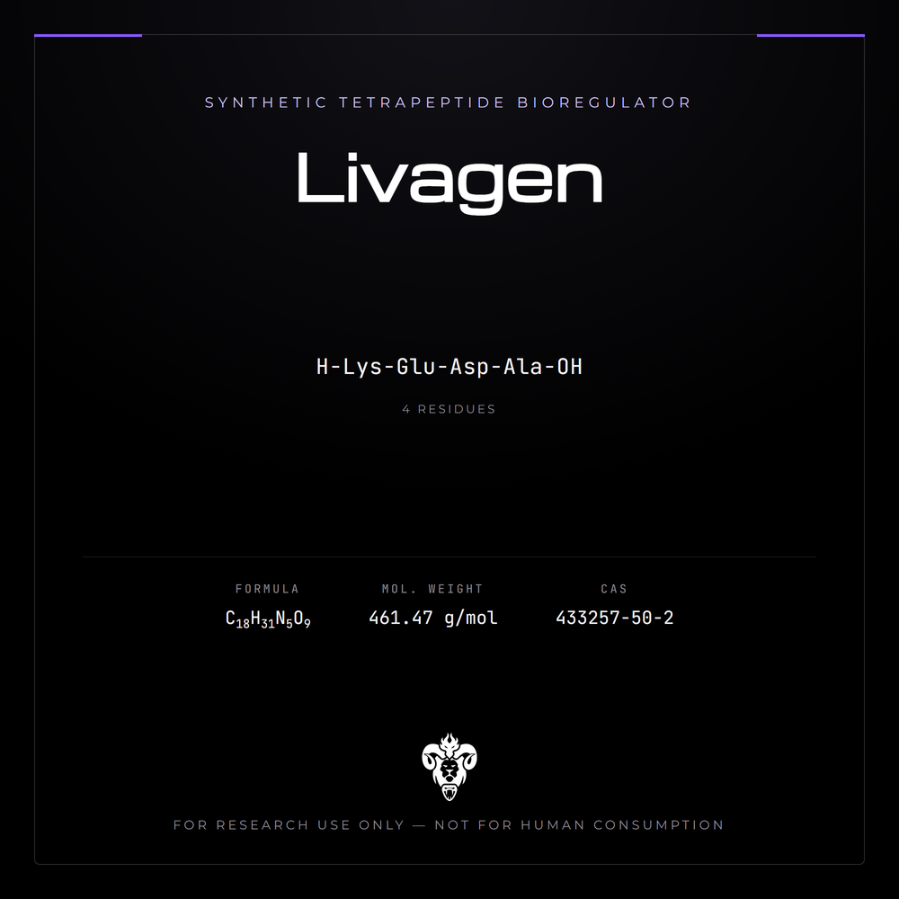 Kimera Chems research compound cover for Livagen, a synthetic tetrapeptide bioregulator.