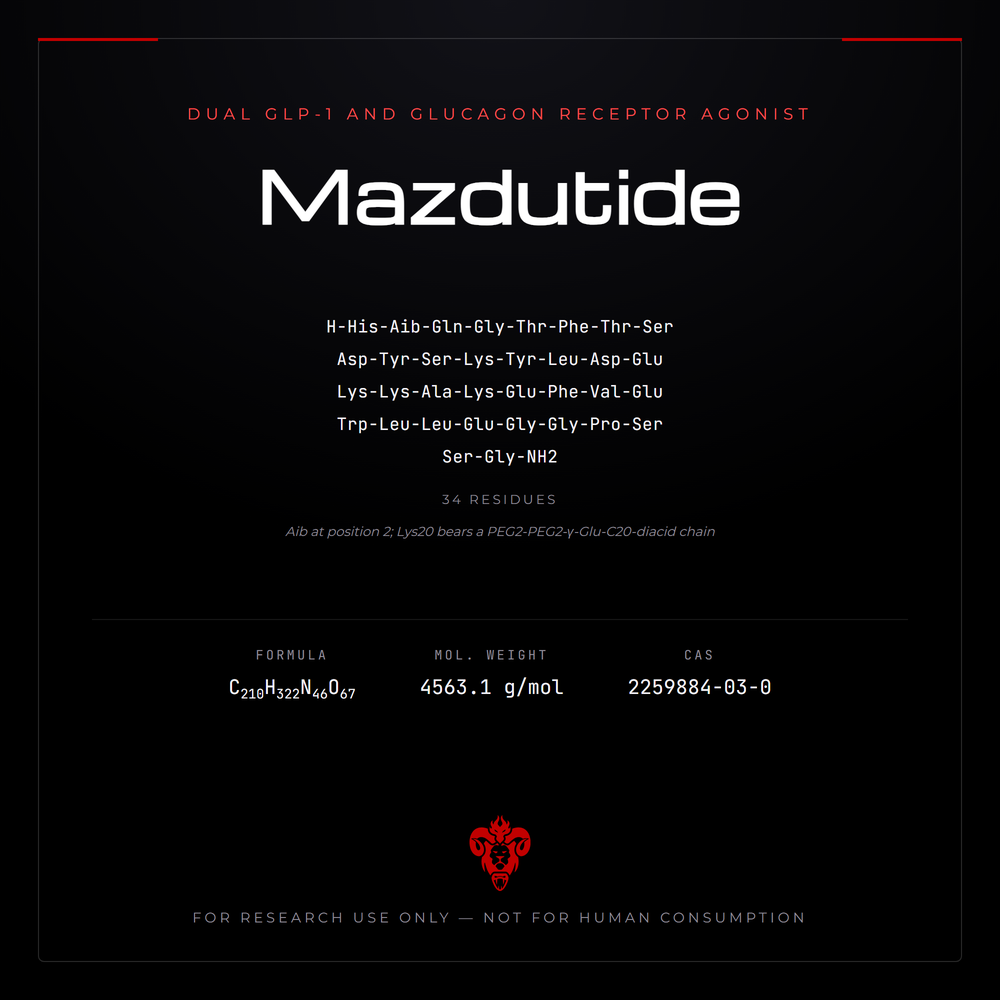 Kimera Chems research compound cover for Mazdutide, a synthetic dual GLP-1/GCGR agonist peptide.