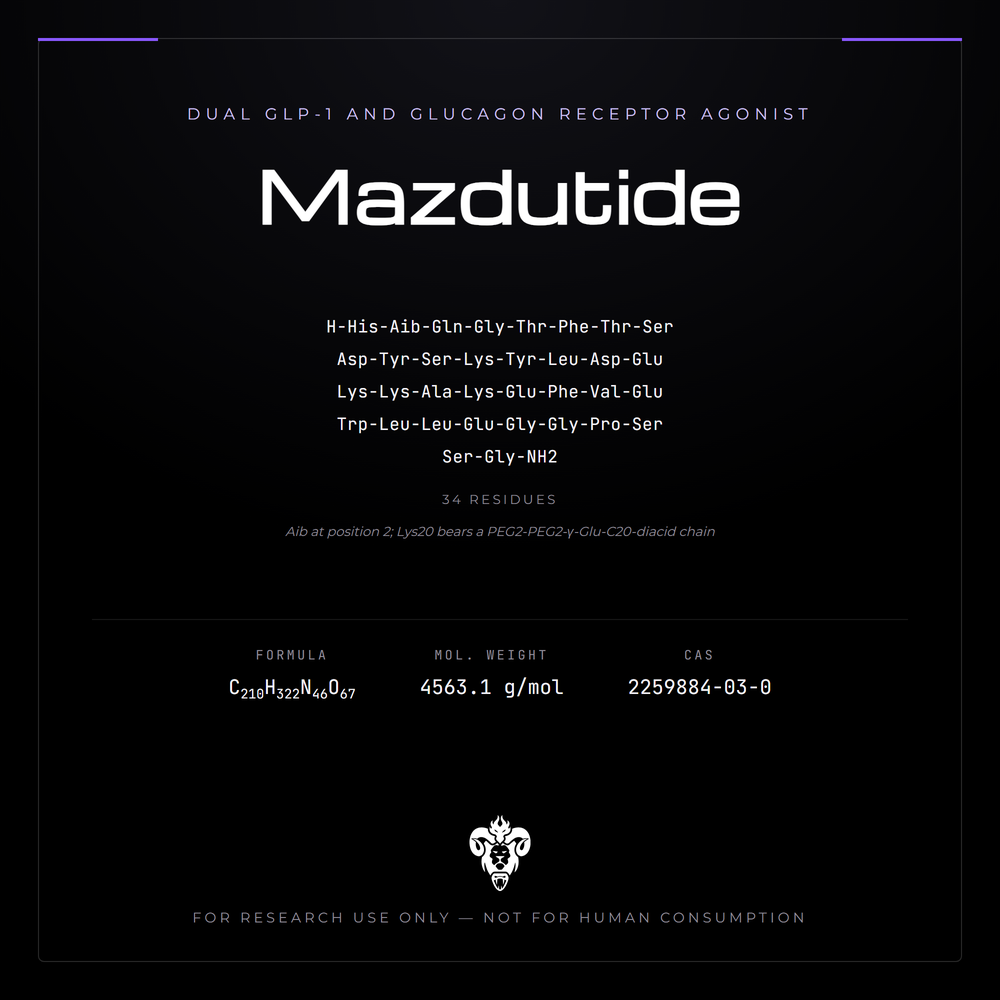 Kimera Chems research compound cover for Mazdutide, a synthetic dual GLP-1/GCGR agonist peptide.
