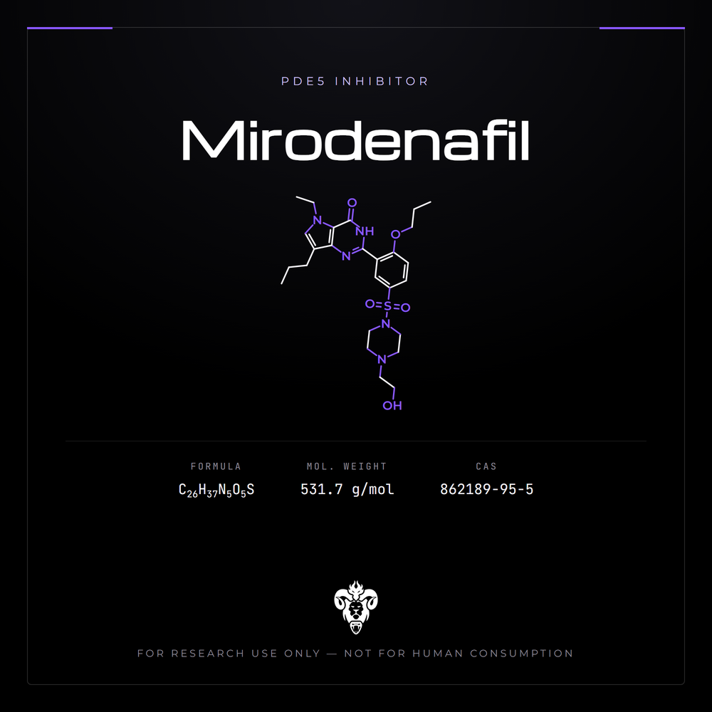 Chemical structure representation of Mirodenafil, a pyrrolopyrimidinone derivative.