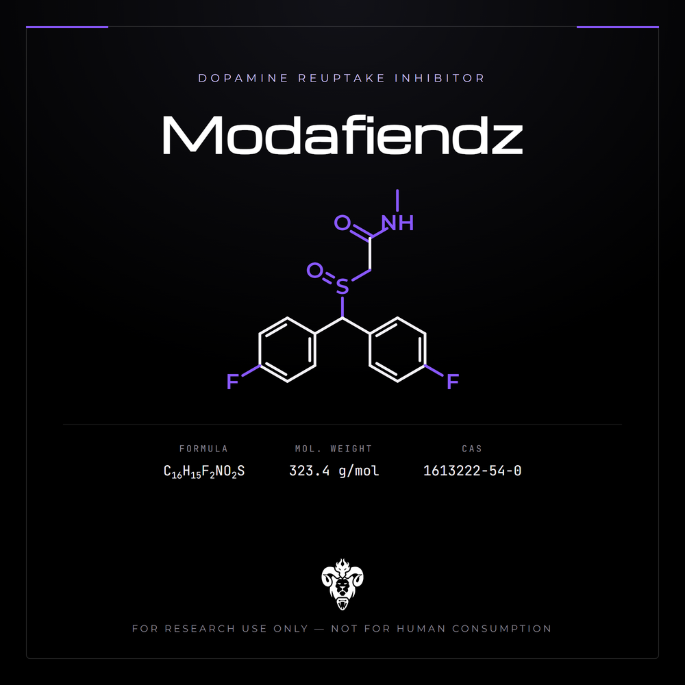 Chemical structure representation of Modafiendz, a diphenylmethyl-sulfinyl acetamide.