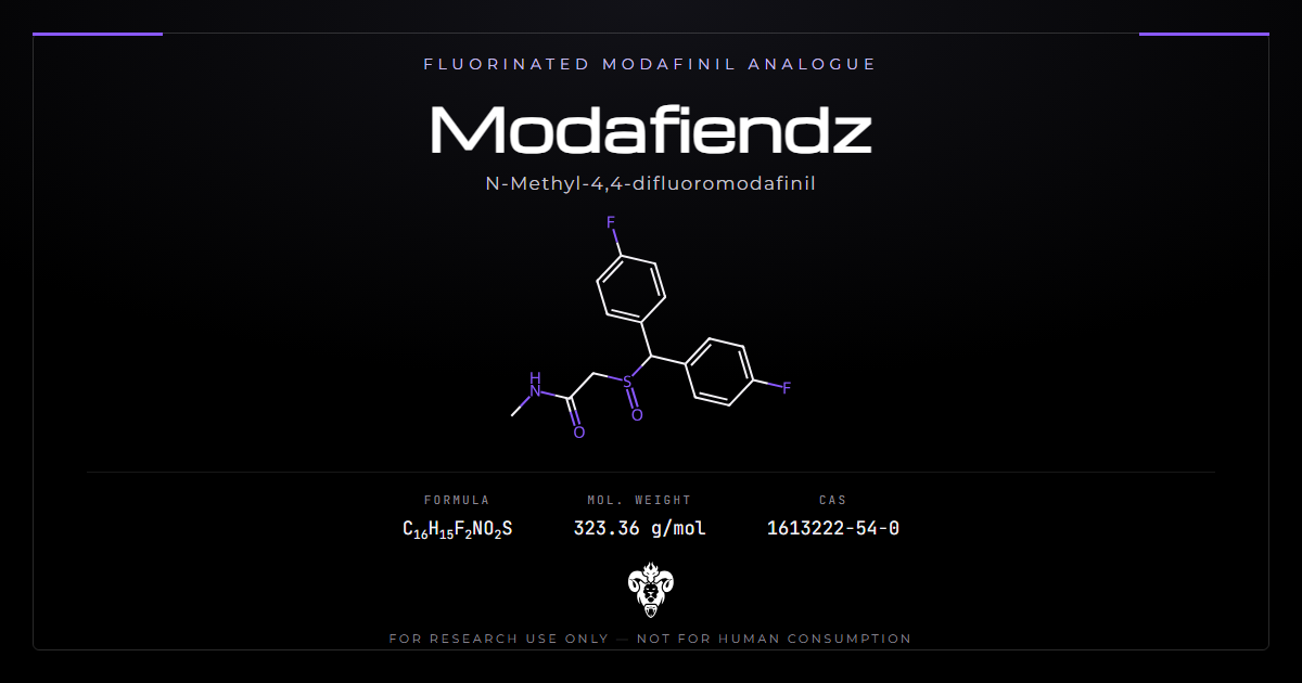 Modafiendz chemical structure with molecular formula C16H15F2NO2S on a dark laboratory background