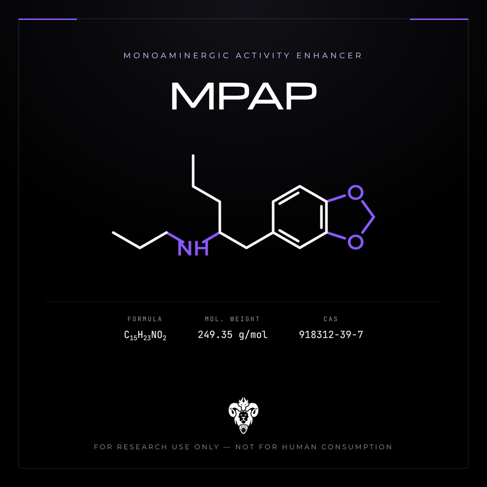 Chemical structure representation of MPAP, a benzodioxole (phenylpropylaminopentane series).