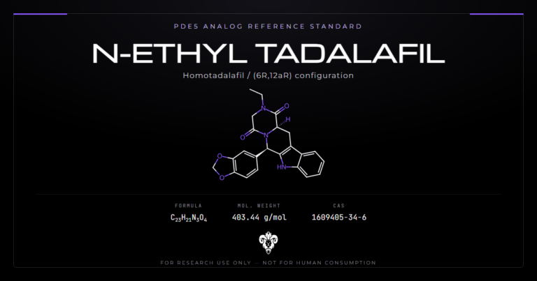 N-ethyl Tadalafil chemical structure with molecular formula C23H21N3O4 on a dark laboratory background