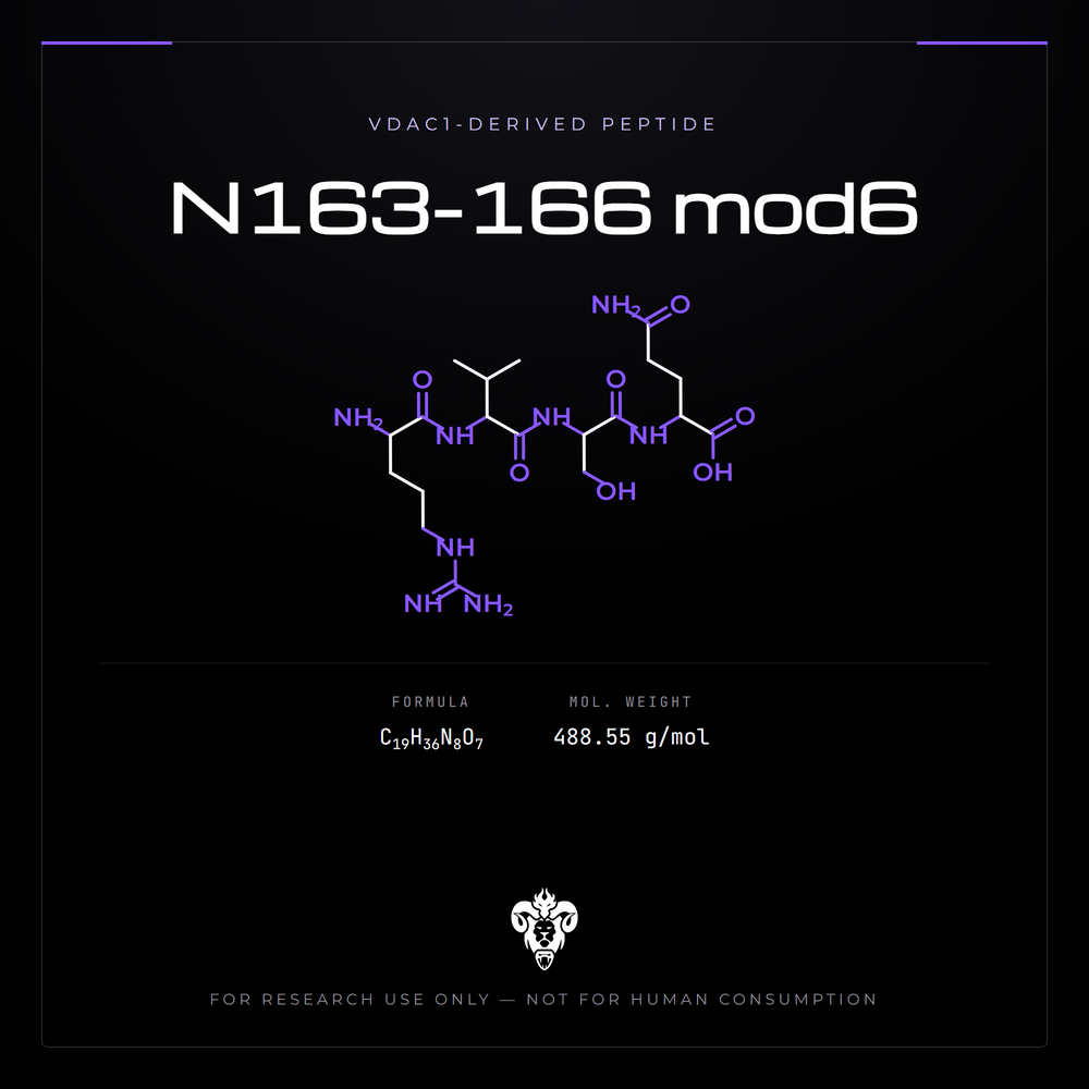 Chemical structure representation of N163-166 mod6, a vDAC1-derived tetrapeptide with a D-valine.