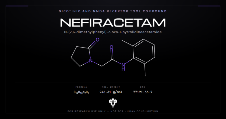 Nefiracetam chemical structure with molecular formula C14H18N2O2 on a dark laboratory background