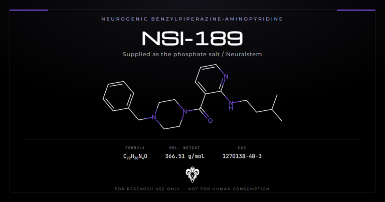 NSI-189 chemical structure with molecular formula C22H30N4O on a dark laboratory background