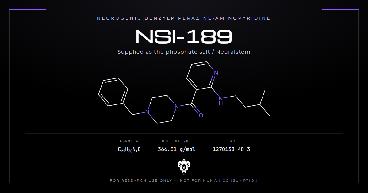 NSI-189 chemical structure with molecular formula C22H30N4O on a dark laboratory background