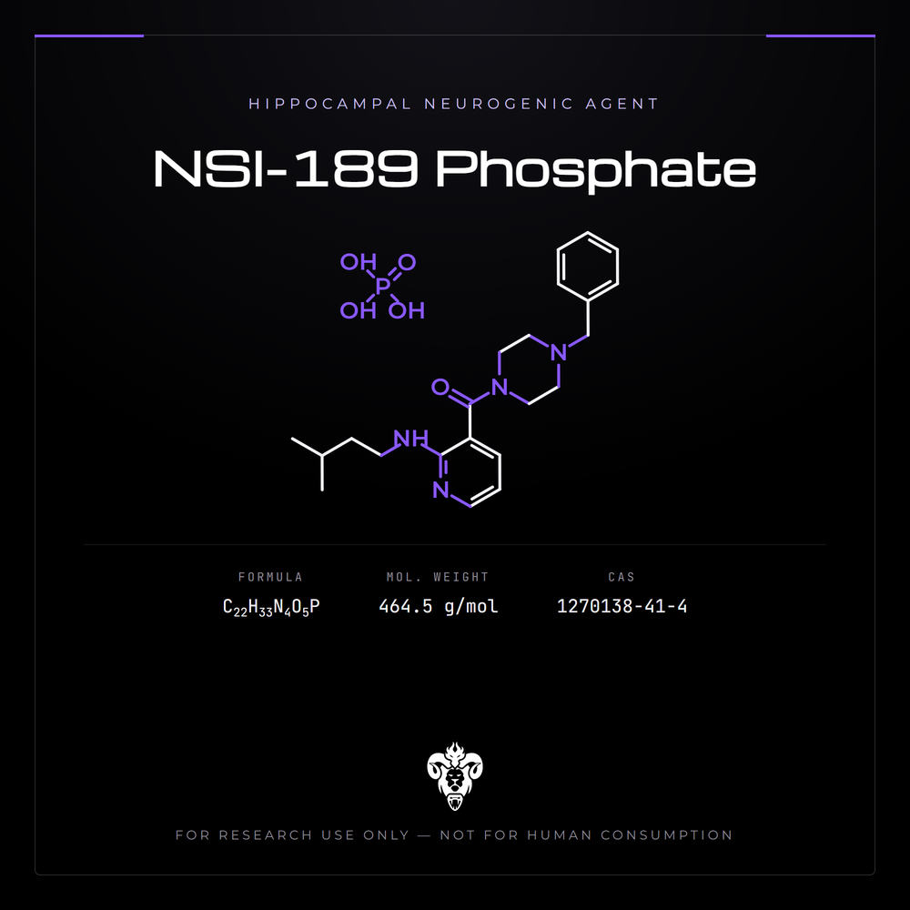 Chemical structure representation of NSI-189 Phosphate, a benzylpiperazine-aminopyridine derivative.