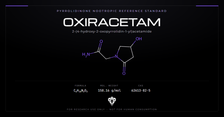 Oxiracetam chemical structure with molecular formula C6H10N2O3 on a dark laboratory background