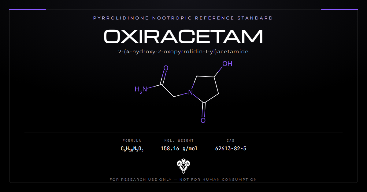 Oxiracetam chemical structure with molecular formula C6H10N2O3 on a dark laboratory background