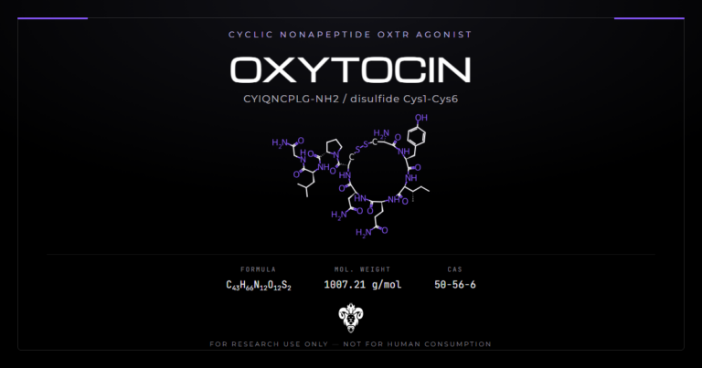 Oxytocin chemical structure with molecular formula C43H66N12O12S2 on a dark laboratory background