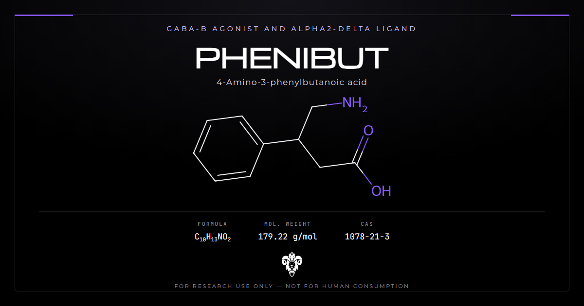 Phenibut structure, beta-phenyl-gamma-aminobutyric acid, the unchlorinated analogue of baclofen