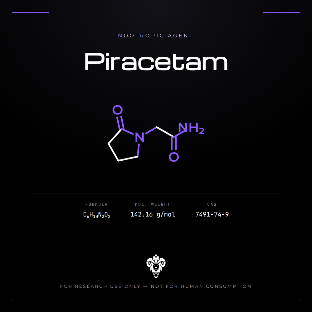 Chemical structure representation of Piracetam, a pyrrolidinone / Racetam class parent.