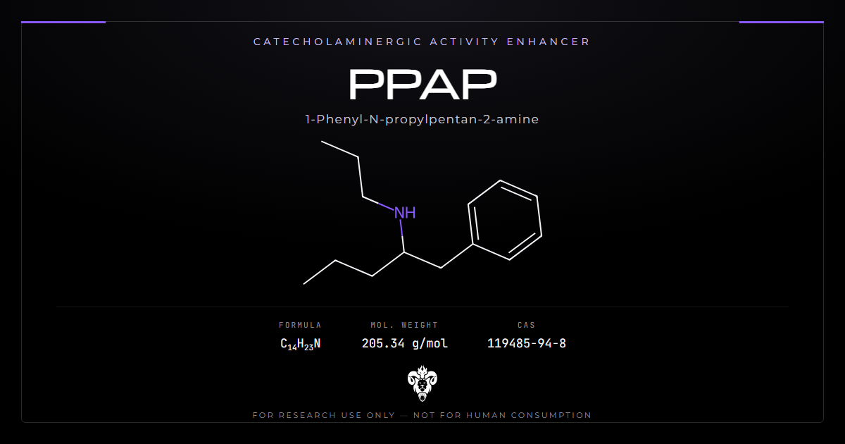 PPAP chemical structure with molecular formula C14H23N on a dark laboratory background