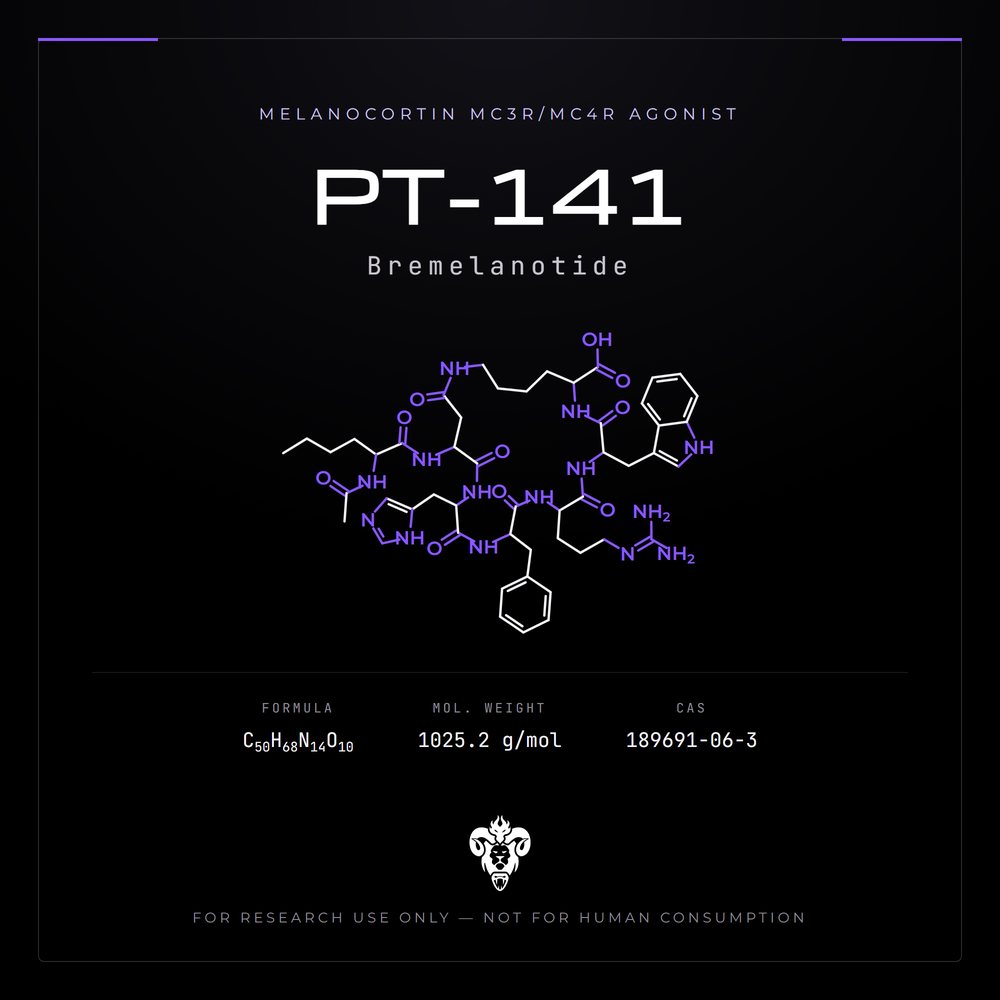 Chemical structure representation of PT-141 (Bremelanotide), a cyclic heptapeptide (bremelanotide), acetate salt.