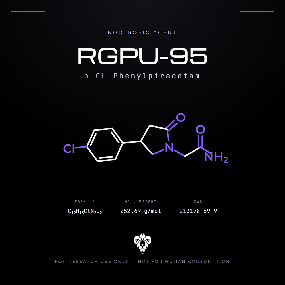 Chemical structure representation of RGPU-95 (p-CL-Phenylpiracetam), a racetam derivative / Chlorinated.