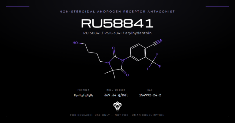 RU58841 structure, the arylhydantoin androgen receptor antagonist with its trifluoromethyl benzonitrile head