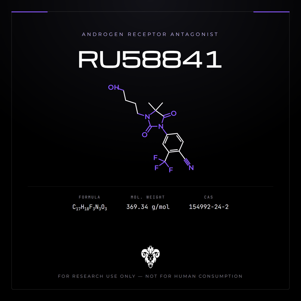 Chemical structure representation of RU58841, a non-steroidal antiandrogen.
