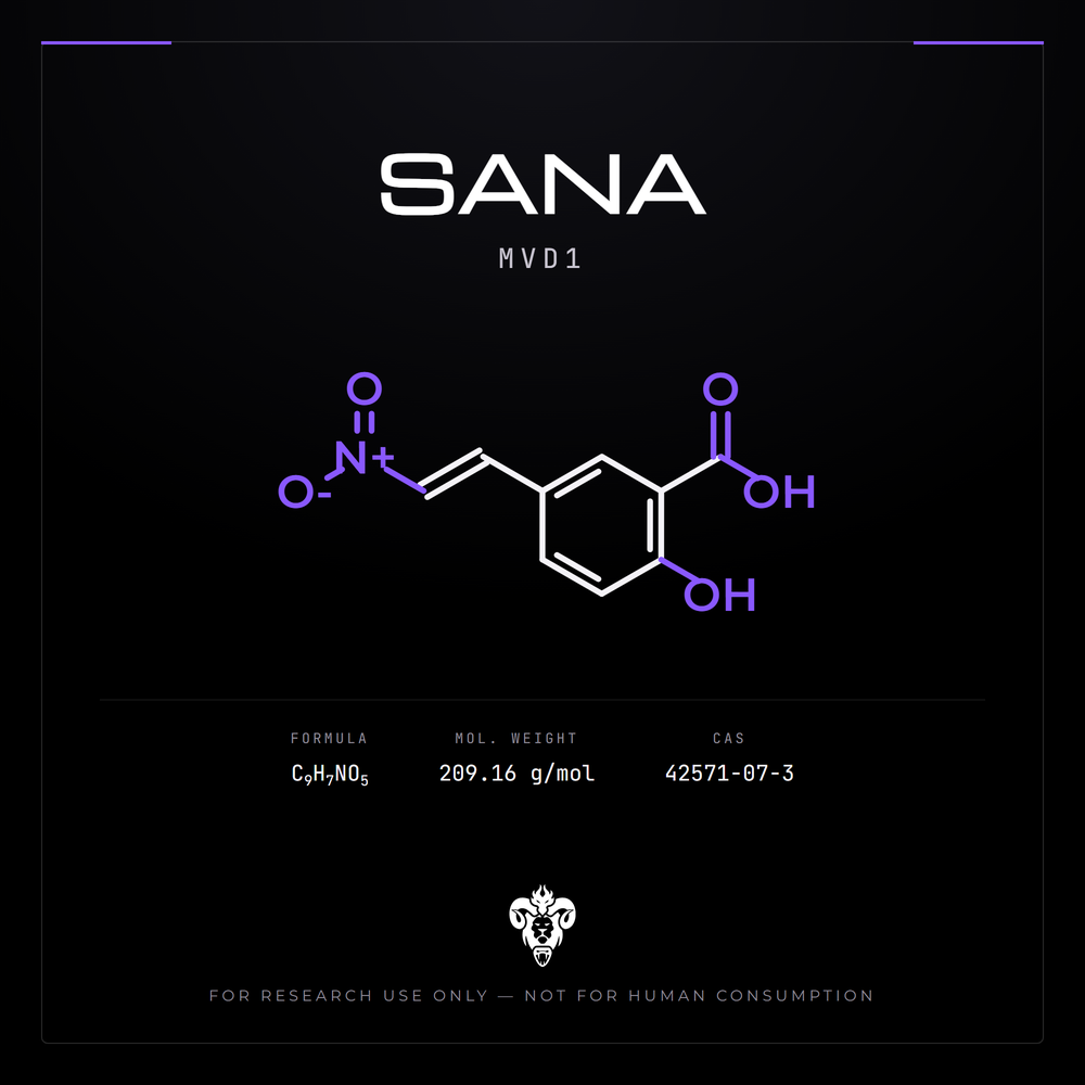 Chemical structure representation of SANA (MVD1), a nitroalkene / Salicylate derivative.