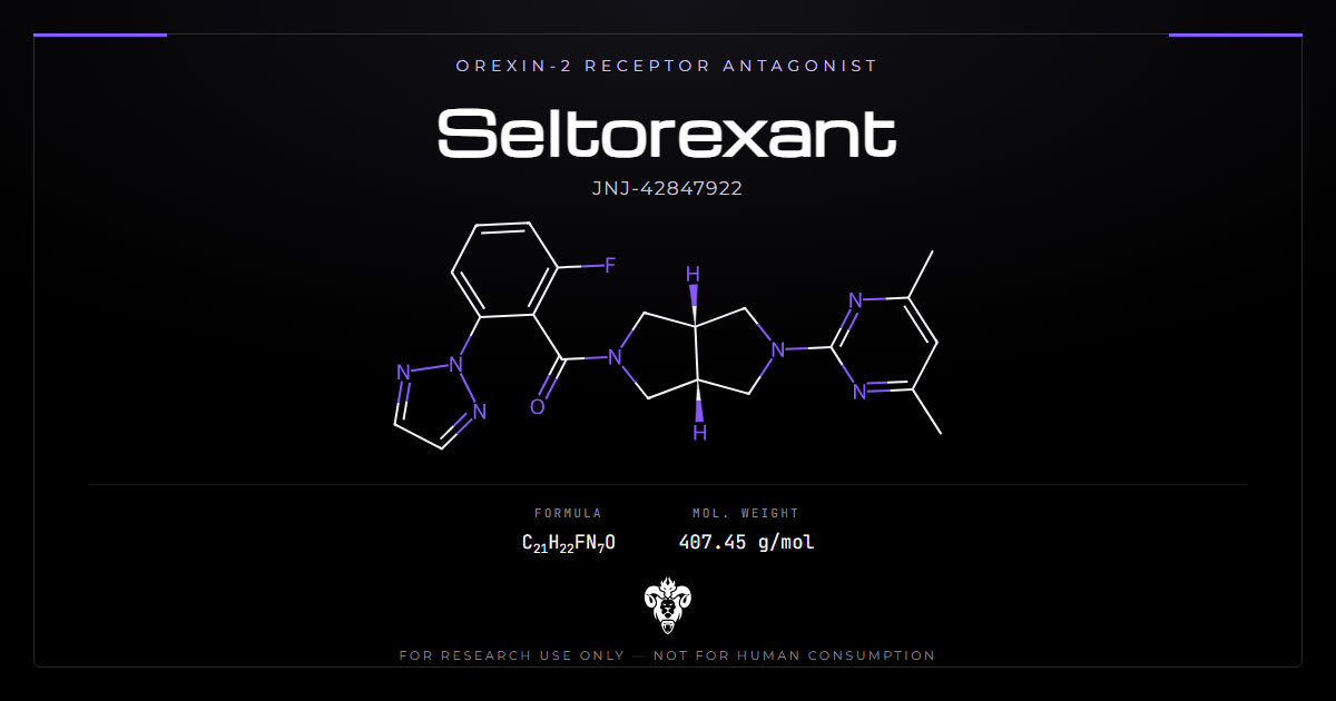 Seltorexant chemical structure with molecular formula C21H22FN7O on a dark laboratory background