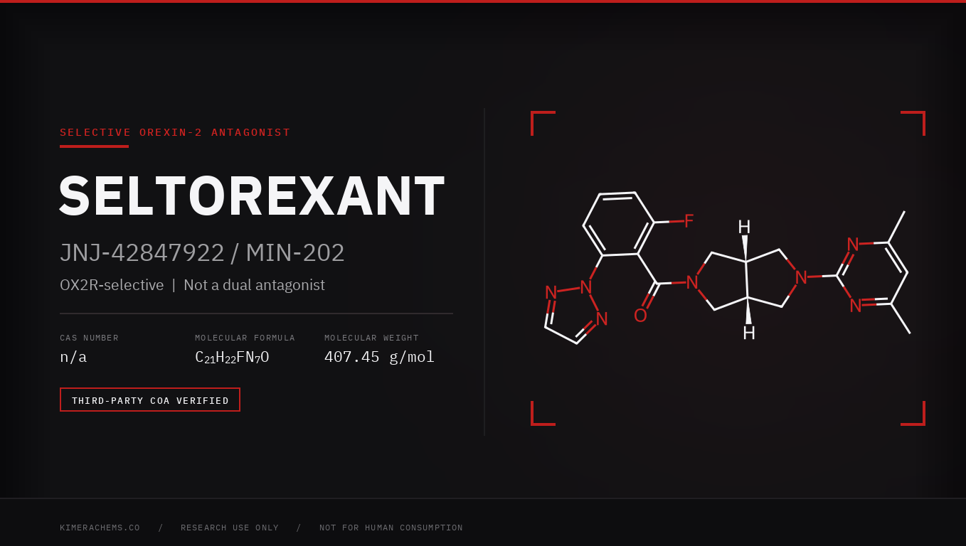 Seltorexant chemical structure, selective orexin-2 receptor antagonist, beside its molecular formula and molecular weight