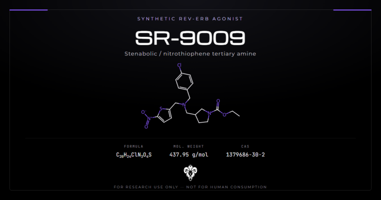 SR-9009 chemical structure with molecular formula C20H24ClN3O4S on a dark laboratory background