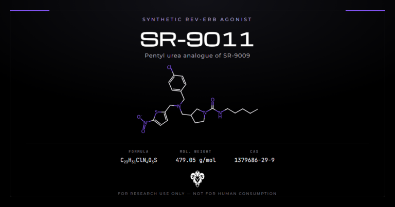 SR-9011 chemical structure with molecular formula C23H31ClN4O3S on a dark laboratory background