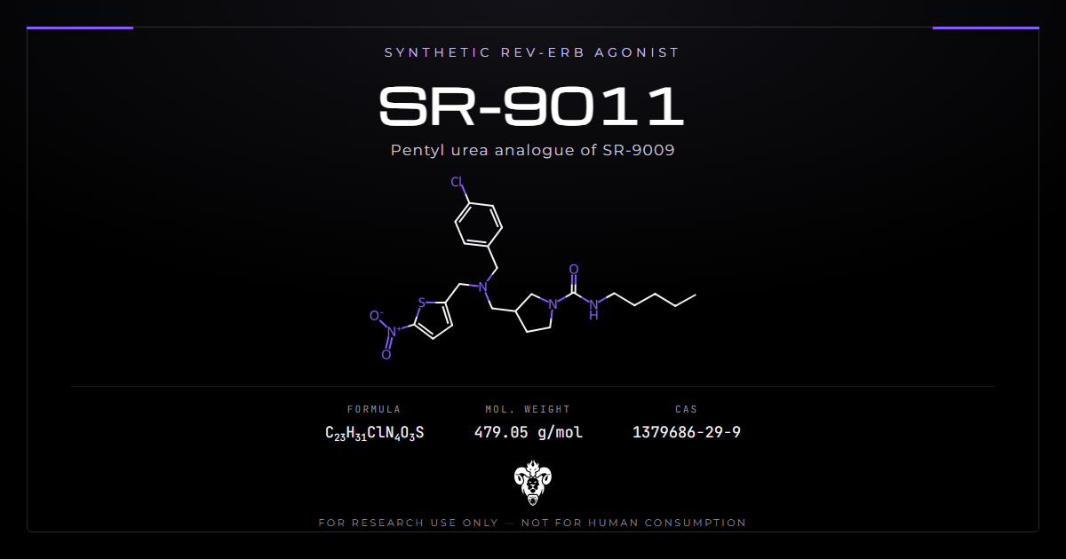 SR-9011 chemical structure with molecular formula C23H31ClN4O3S on a dark laboratory background