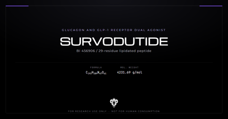 Survodutide identity card, the 29-residue glucagon and GLP-1 receptor dual agonist
