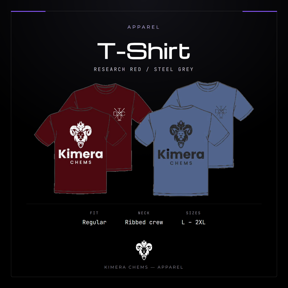 Kimera Chems cotton crew-neck T-shirt shown in Research Red and Steel Grey, front and back, with the Kimera Chems front print.