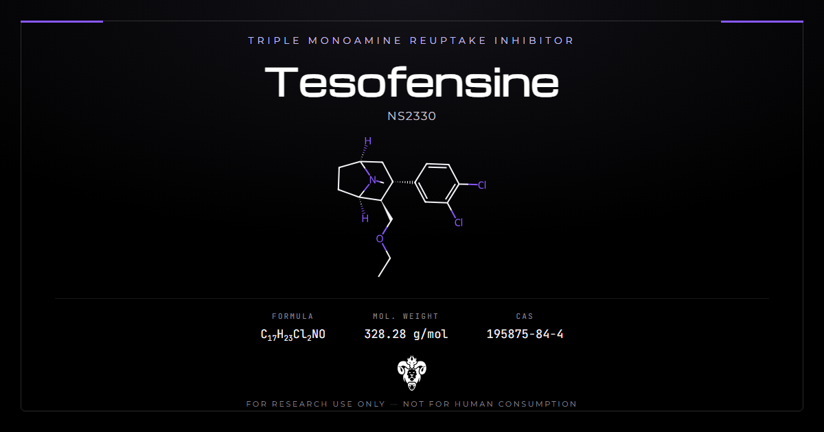 Tesofensine chemical structure with molecular formula C17H23Cl2NO on a dark laboratory background