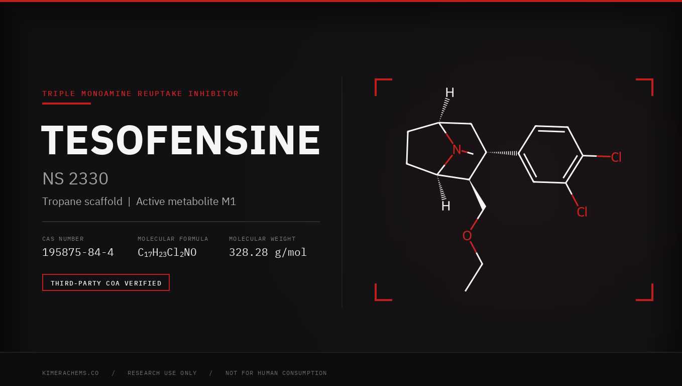 Tesofensine chemical structure, triple monoamine reuptake inhibitor, beside its molecular formula and CAS number