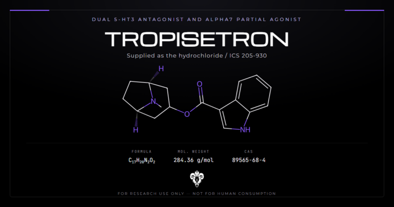 Tropisetron chemical structure with molecular formula C17H20N2O2 on a dark laboratory background