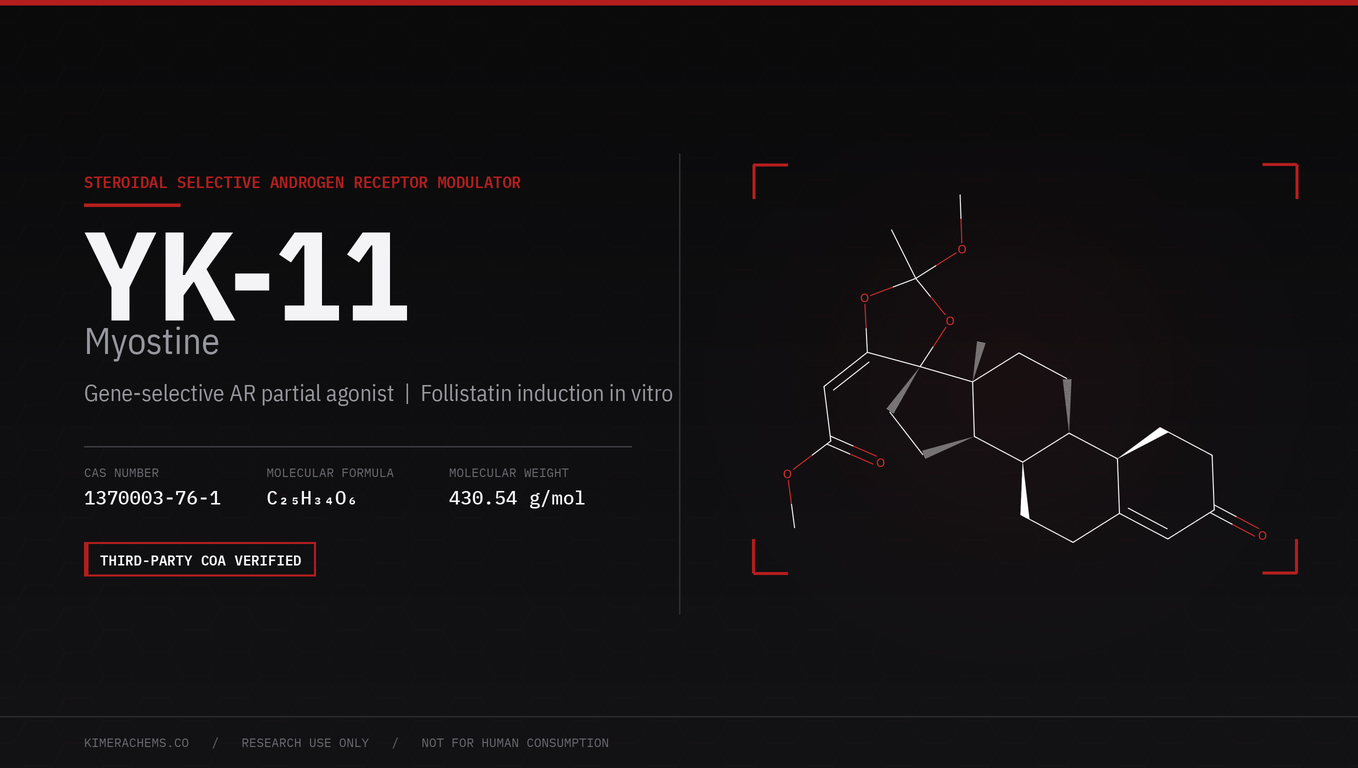 YK-11 (Myostine) molecular structure showing the 19-norpregnadiene steroid core and orthoester D-ring group