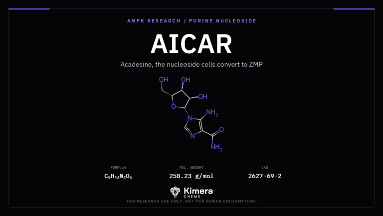 AICAR (acadesine) chemical structure, a purine nucleoside AMPK research tool, on a Kimera Chems cover